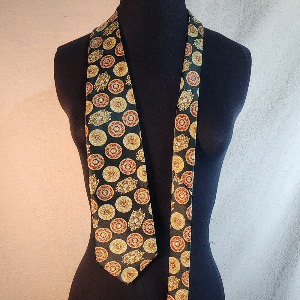 Vintage Rene Chagal Hand Made‎ Myung Ju Silk Tie 60" Long Gold/Red/Deep Navy